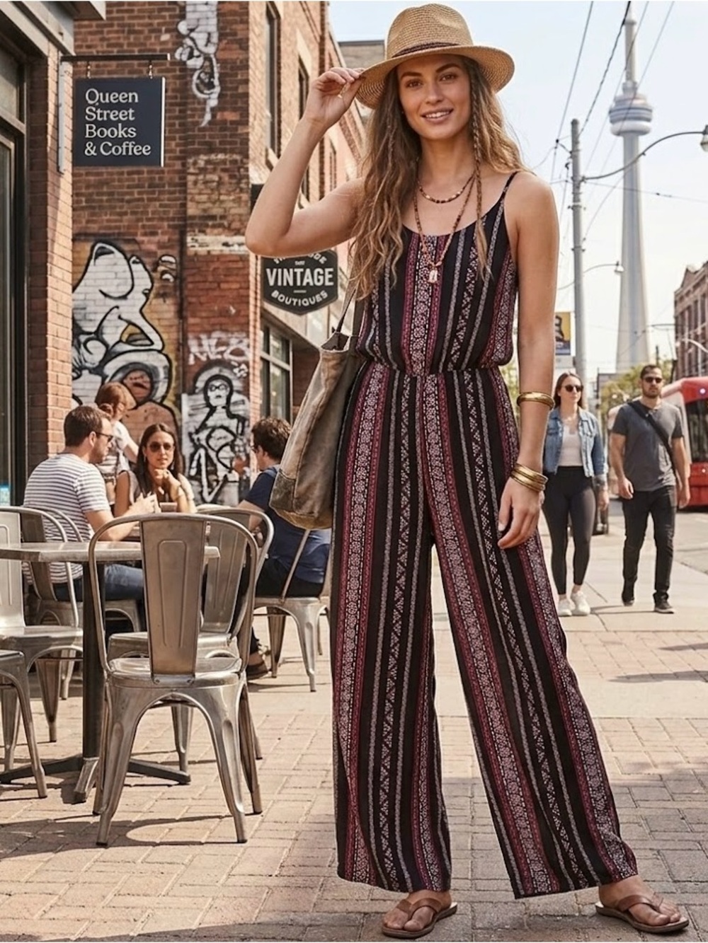 🌸 NWT Boho Wide Leg Open Back Jumpsuit Tribal Stripe Black Combo - Size M